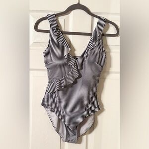 Nip Tuck Swim Navy White Stripe Ruffle One Piece Swimsuit US 8 Tummy Control